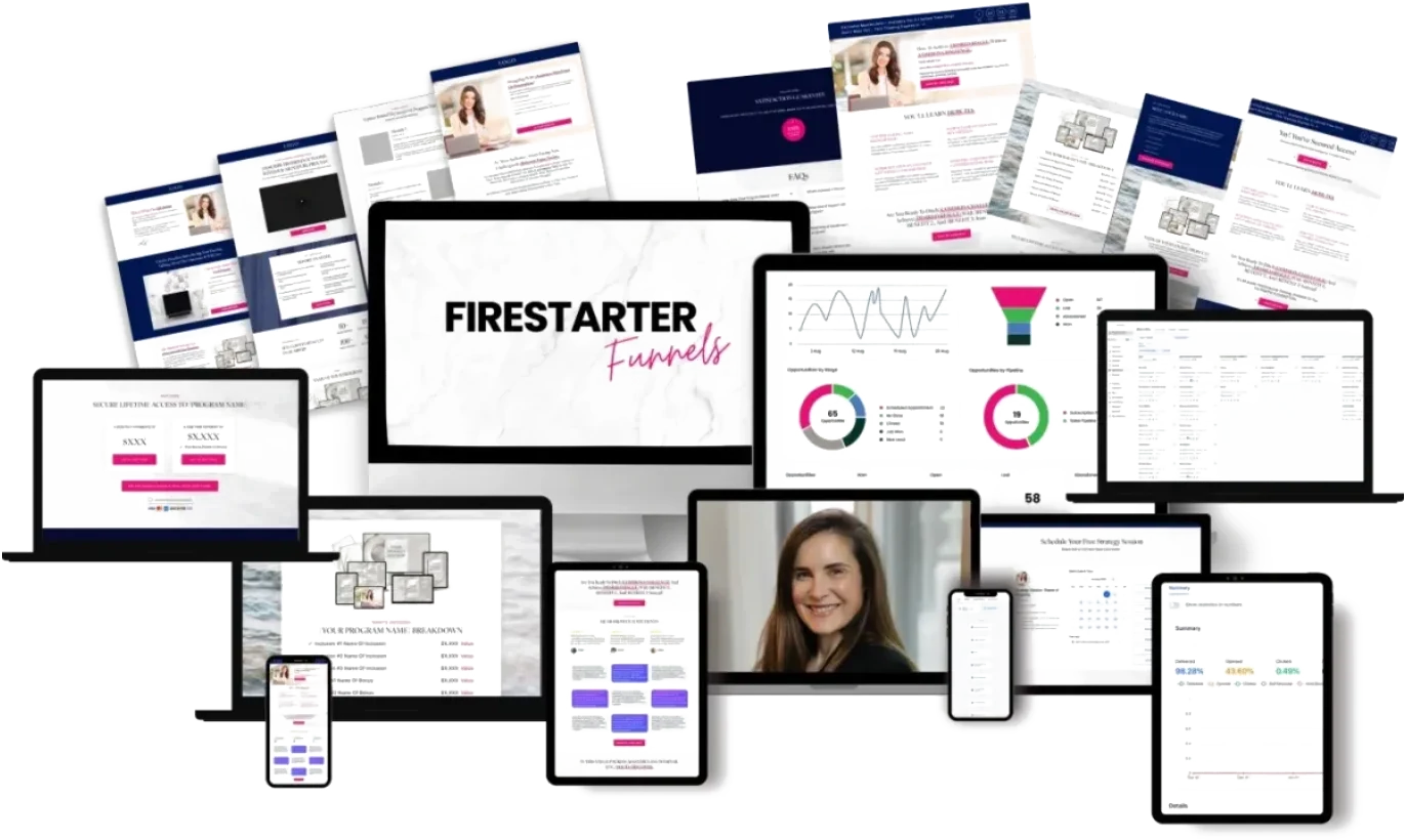 Firestarter Funnels across a desktop, laptops, tablets, and phones: funnel and sales pages, the dashboard analytics, a booking calendar, and a video call with the support team