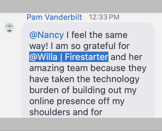 Pam Vanderbilt: I am so grateful for Willa and her amazing team because they have taken the technology burden of building out my online presence off my shoulders.
