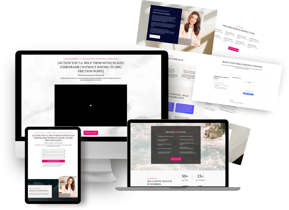 Sales Page + Book-a-Call Funnel shown across desktop, tablet, and phone mockups