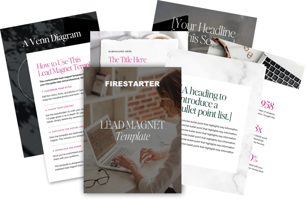 Lead Magnet Template: a fanned spread of customizable Canva pages, cover, how-to-use guide, headline, and bullet-list layouts