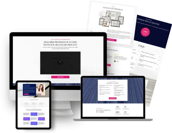 Sales Page + Checkout Funnel shown across desktop, tablet, and phone mockups