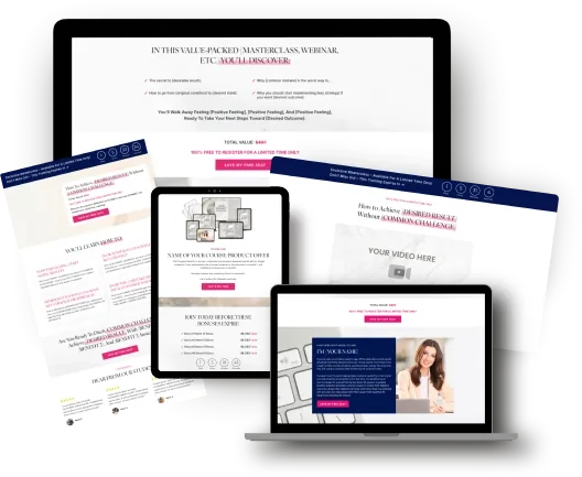 Evergreen Webinar Funnel shown across desktop, tablet, and phone mockups